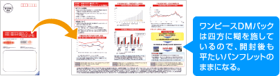ワンピースDMパックは四方に糊を施しているので、開封後も平たいパンフレットのままになる。